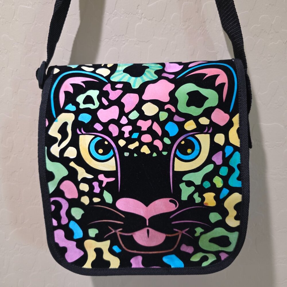 Peachtree Playthings Black Velvet Canvas Neon LION CAT Messenger Crossbody Bag